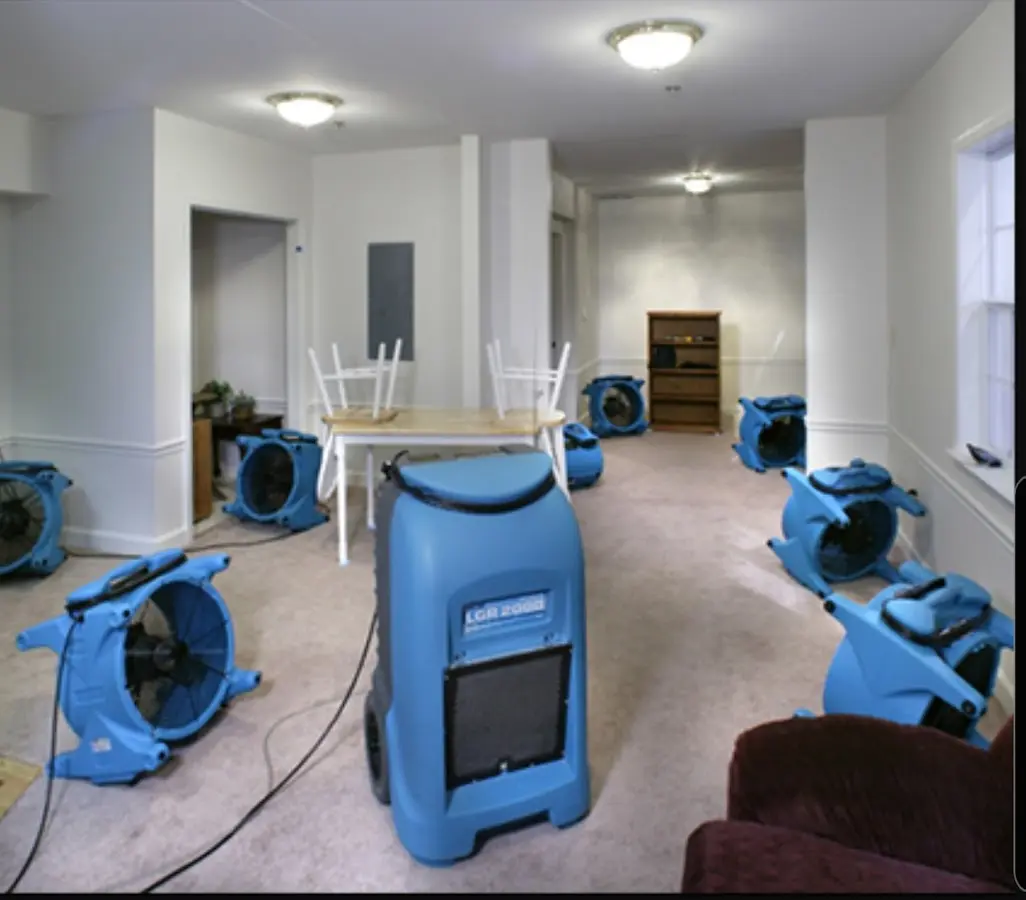Air movers and dehumidifier setup for Water Damage Restoration in North Fort Lewis